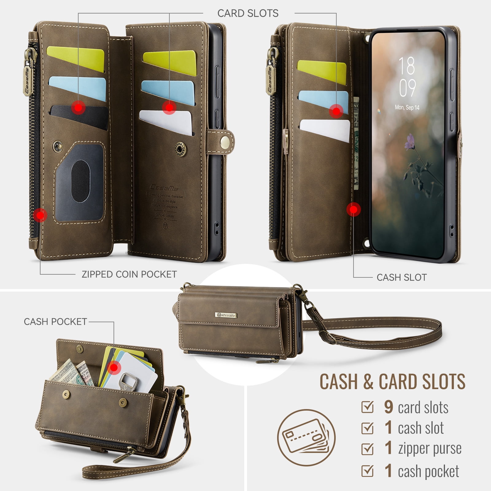 Decase Wallet Case for iPhone 14 Plus,Magnetic Flip Zipper Pocket PU Leather Phone Cover,Crossbody Flip Cover with RFID Card Slots,Coffee