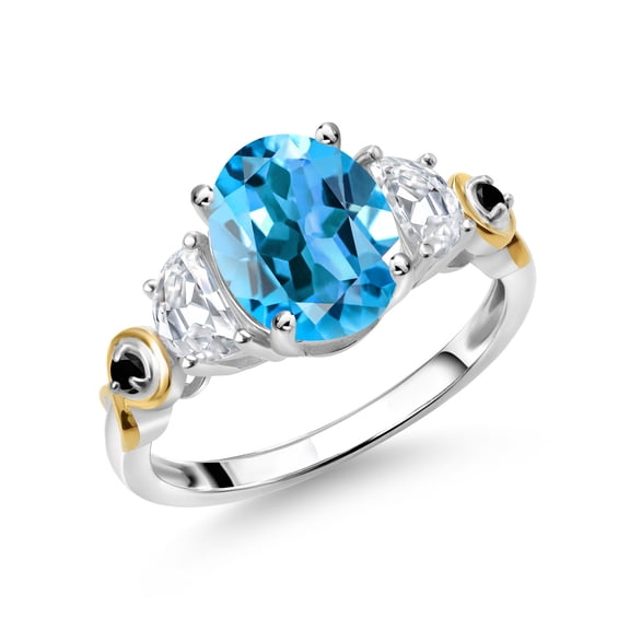 Gem Stone King 925 Silver and 10K Yellow Gold 3-Stone Ring Oval Swiss Blue Topaz and Moissanite (2.76 Cttw, Size 5)