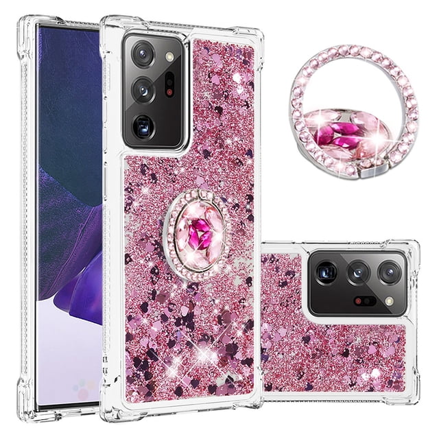 Funda para Samsung Galaxy Note 20 Ultra 5G con Brillo Líquido Flotante, Purpurina, Parachoques y Anillo Giratorio Soporte