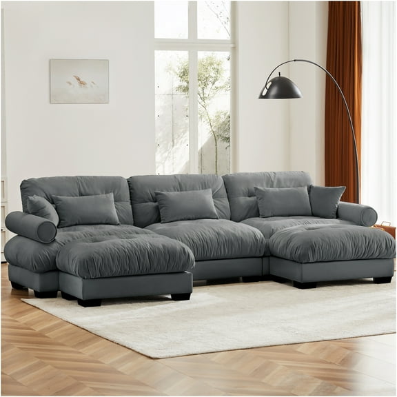 JERFIT Modern U-Shaped Velvet Sectional Sofa with Movable Ottomans, Convertible 3-Seater Corner Couch with Pillows for Living Room, Grey
