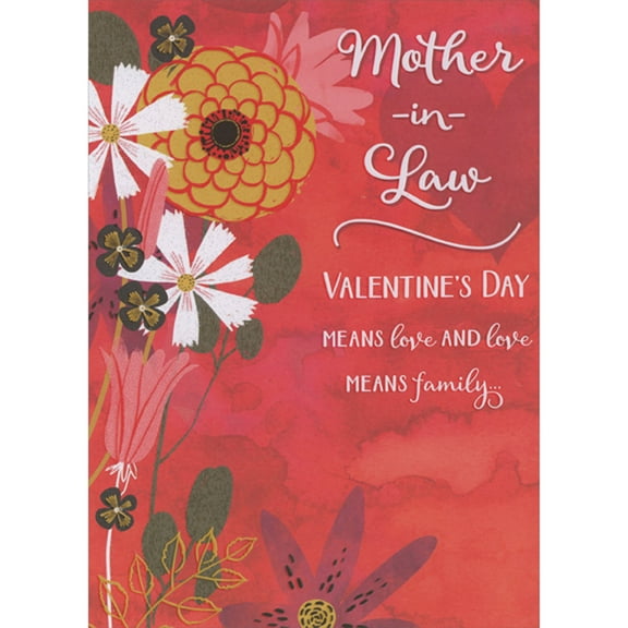 Designer Greetings Love Means Family: White, Green and Pink Flowers on Dark Red Valentine's Day Card for Mother-In-Law