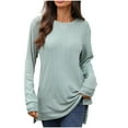 thumbnail image 3 of SROBPTY Womens Fall Top, Long Sleeve Shirts for Women, Women's Fashion Loose Solid Long Sleeve Round Neck Slit Top Mint Green,S, 3 of 5