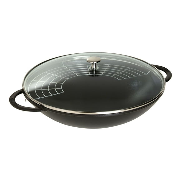 STAUB Specialities 37 cm / 14.5 inch Cast Iron Wok With Glass Lid, Black