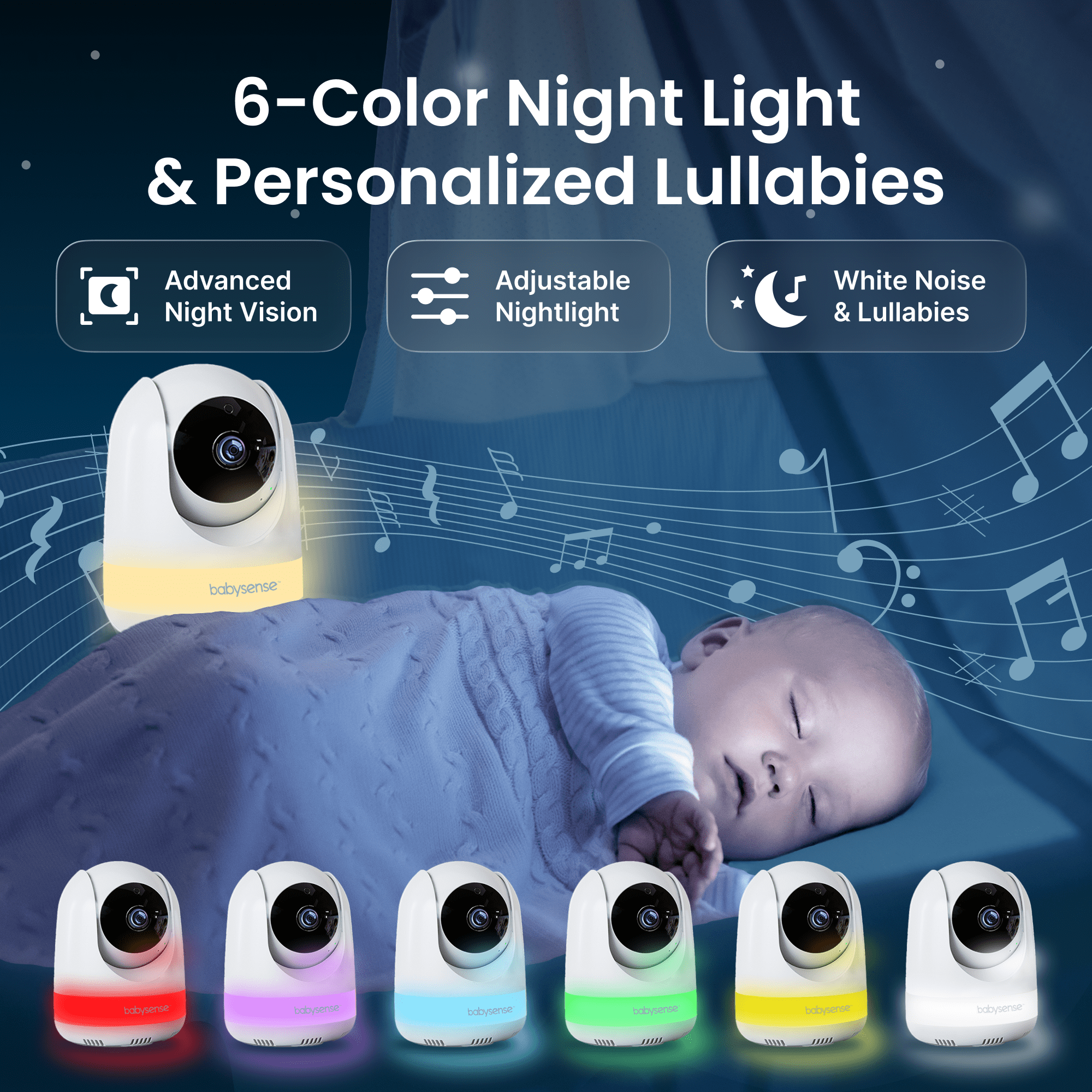 Babysense Full HD 5.5" Split Screen Baby Monitor with Camera and Audio, 6-Color Night Light, White Noise, Sound & Light Machine, 20-Hour Battery, Hack-Proof Non-WiFi Secure Connection