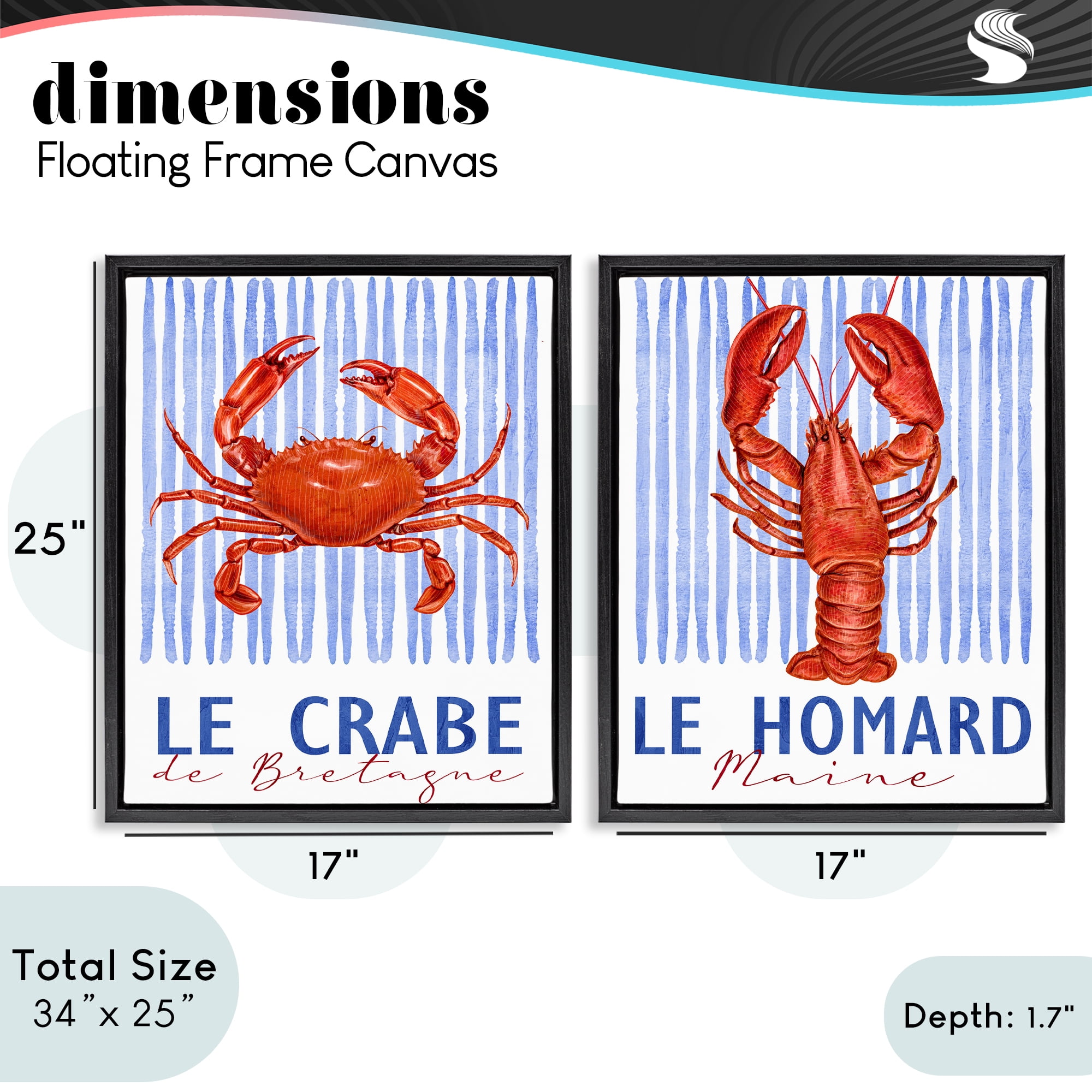 Stupell Industries Nautical Stripes Sea Creatures 2 Piece Black Framed Floater Canvas Set, design by Kim Allen