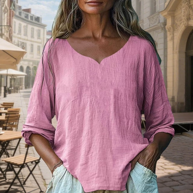 Ailaofu Tops for Women Cotton and Linen Brief Breathable Comfy Solid Color Short Long Sleeve Loose Casual T Shirt Blouse