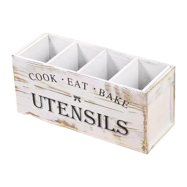Soporte para utensilios de cocina, organizador de cubiertos, cubiertos de madera Blanco