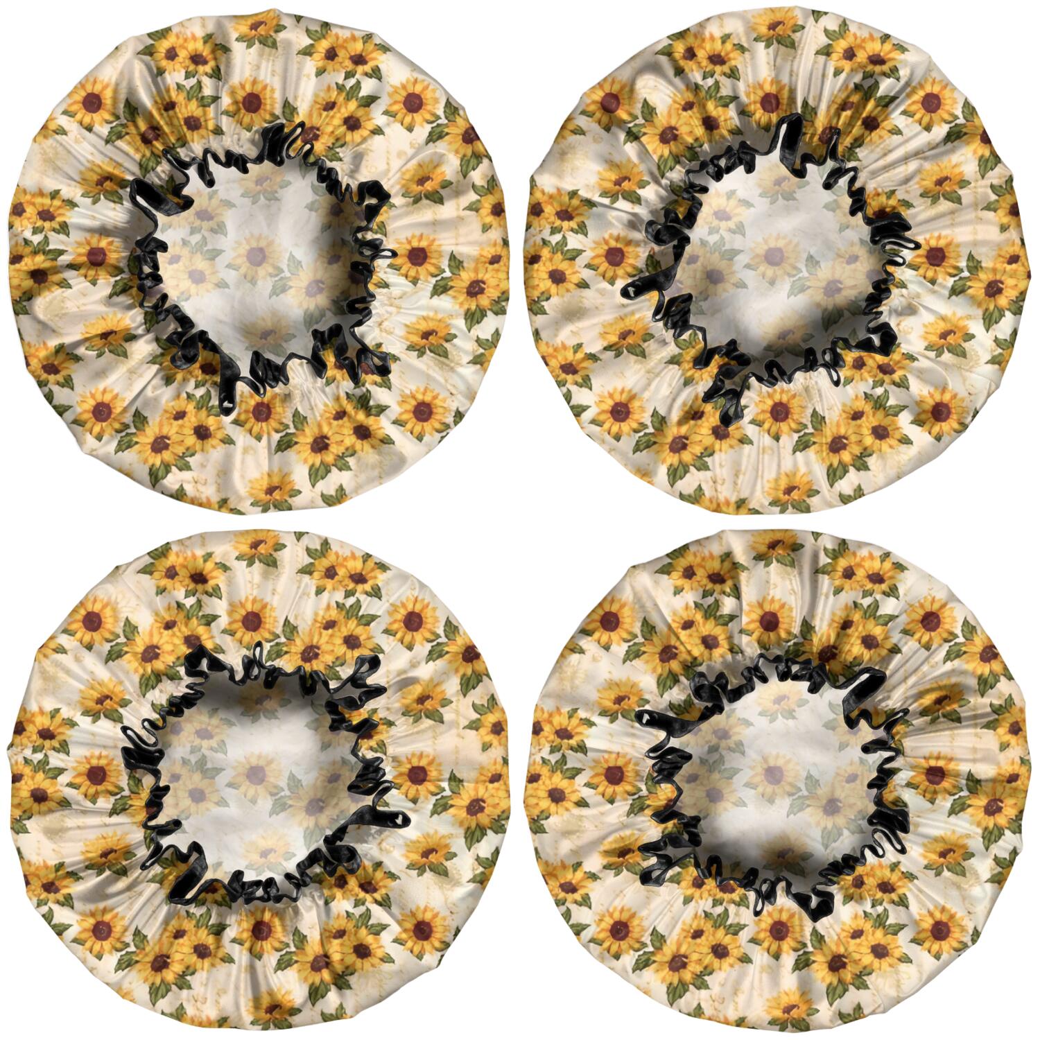Shower Caps,Beige Sunflower Cluster Pattern Waterproof Shower Cap for Women 4 Pieces,Double Reusable Hair Cover for Shower PEVA Elastic Stretch Hem