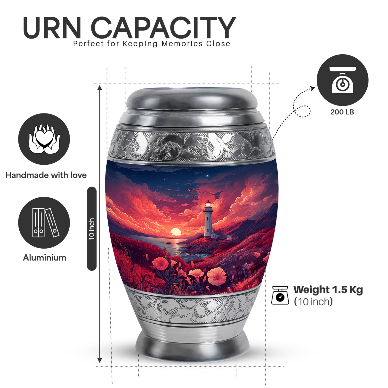 Yatskia Sunset Lighthouse Small Cremation Urns for Human Ashes Adult Men and Women, Large Memorial Urn for Ashes Adult, (Monar 10 Inch and 3 Inch)