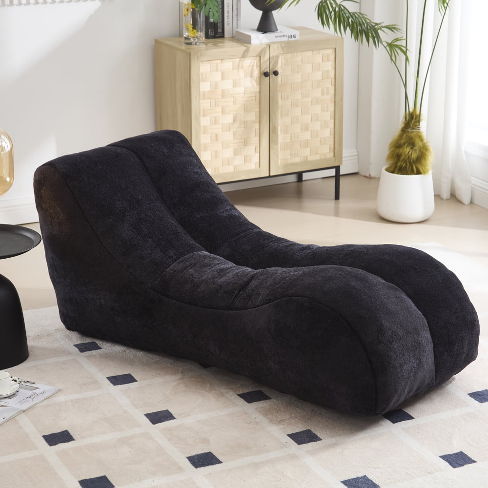 Pawverly Ergonomic Bean Bag Sofa Chair for Adults, 59-Inch Black Lounge Chair, Sponge Filled, Modern Curved Beanbag Sofa for Living Room & Bedroom