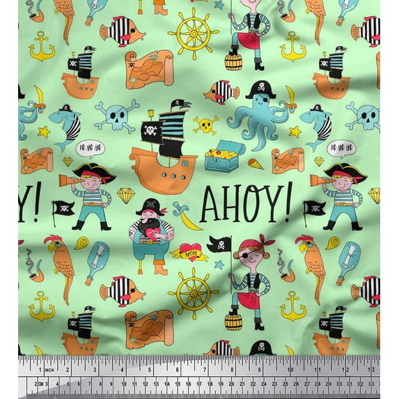 Soimoi Velvet Fabric Ship Wheel,Pirate Boy & Jellyfish Ocean Print Fabric by Yard 58 Inch Wide