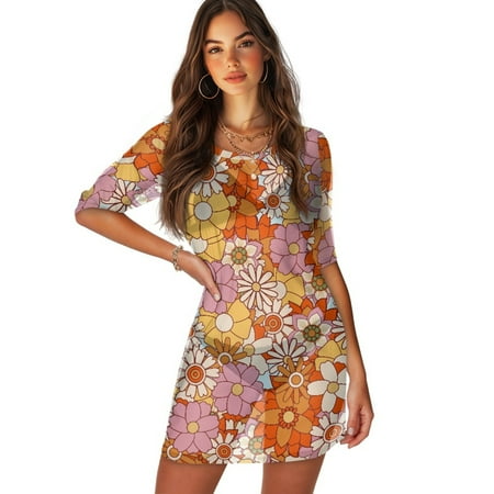 FKELYI Women s Swimsuit Cover Ups Round Neck Swimwear Cover-Up Hippie Daisy Flower Print Beachwear Half-Sleeve Bikini Beach Dress for Ladies Summer Vacation Swimming  XS
