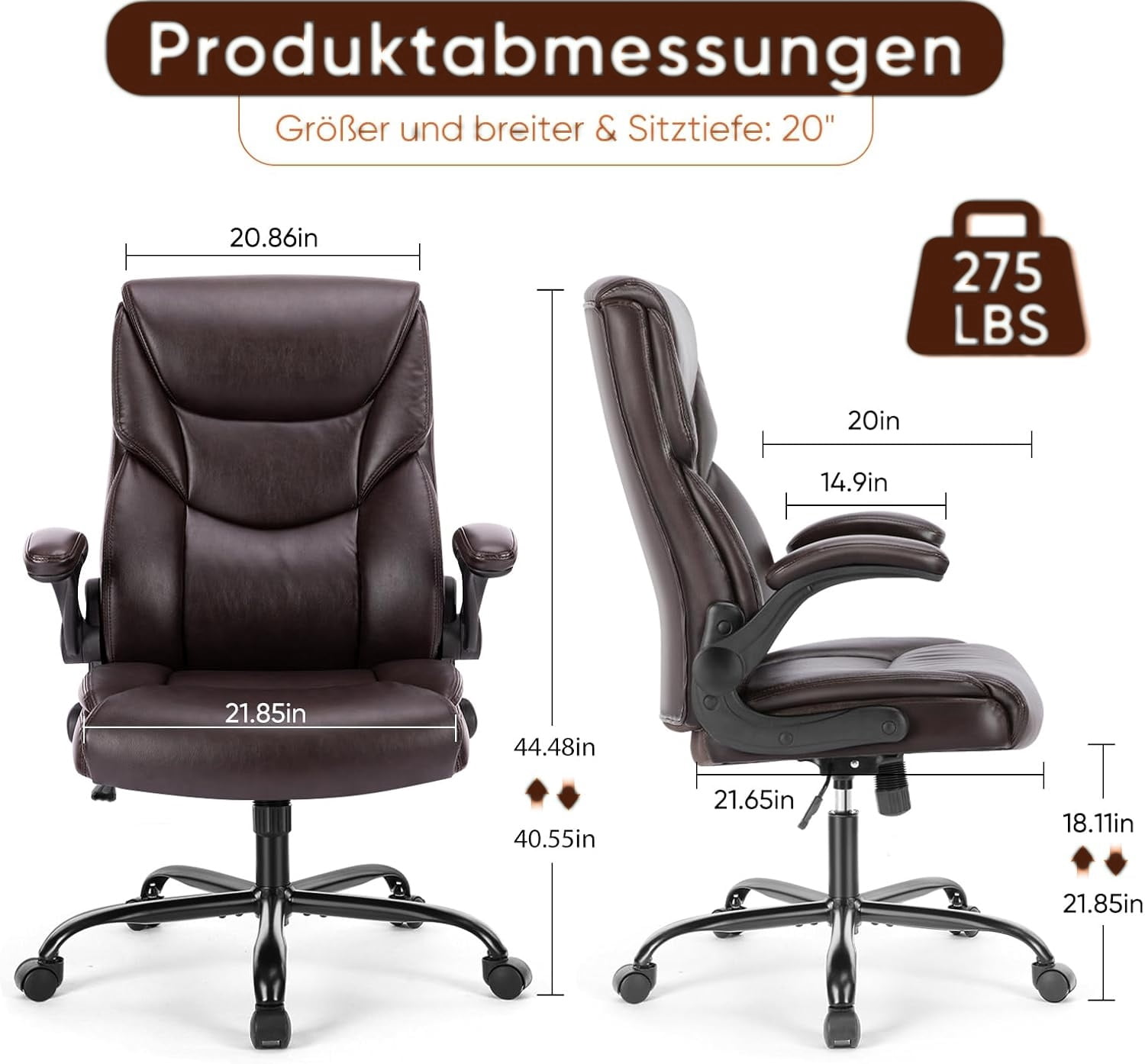 Ergonomic Office Chair, High Back Executive Desk Chair with Lumbar Support, Adjustable PU Leather Computer Chair with Flip-up Arms, Swivel Rolling Wheels Chair for Home and Office Use