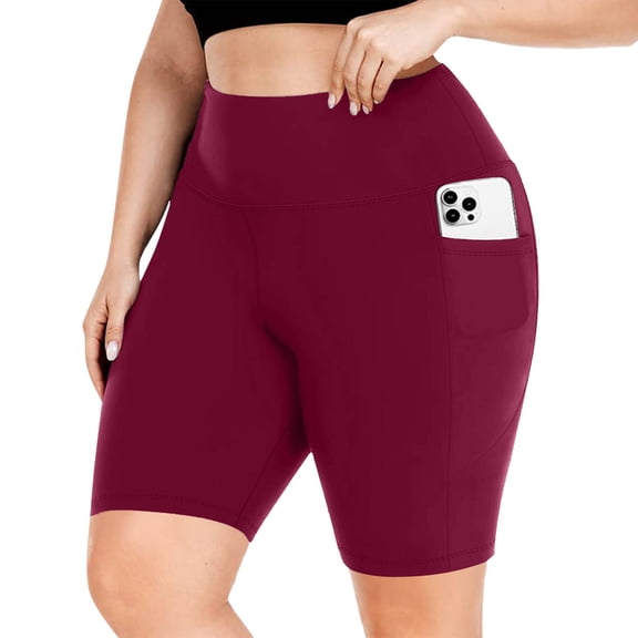 Domuza Women's Plus Size High Waist Biker Shorts Yoga Workout Sports Athletic Running Shorts with Pockets Wine 3XL