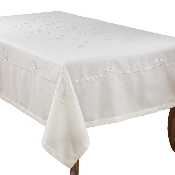 Fennco Styles Fabia Collection Elegant Embroidered Fleur de Lis 69 x 120 Inch Table Cloth – Ivory Oblong Tablecloth for Dinner Party, Banquest, Special Events and Home Décor