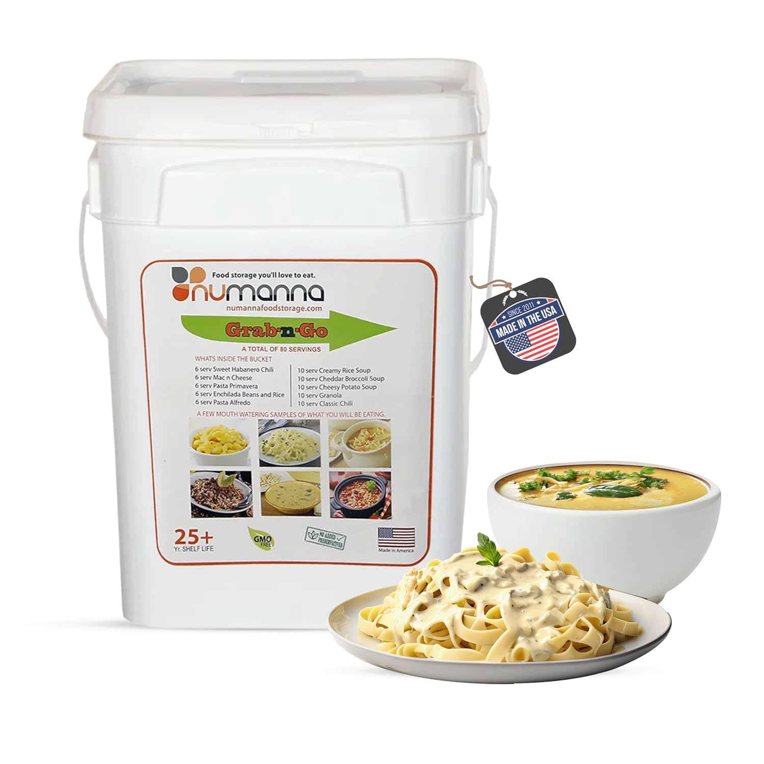 Numanna Grab-n-Go Bucket – Pack of 3 (240 Servings) Freeze-Dried Meals | Emergency Survival Food Kit | 25+ Year Shelf Life | Ready-to-Eat Breakfast & Dinner | Non-Perishable | Made in USA