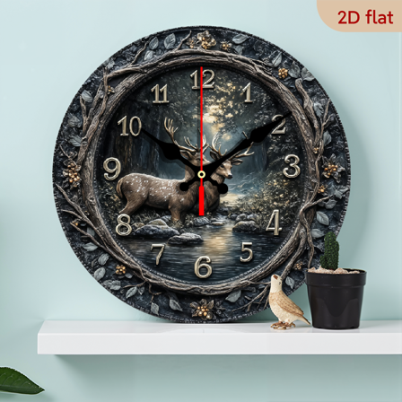2D Flat 10Inch Rustic Deer in Forest Wooden Wall Clock - Silent, Battery-Powered Round Clock with Vintage Farmhouse Design, Perfect for Kitchen, Bedroom, or Office Decor, Ideal Gift for St Patric