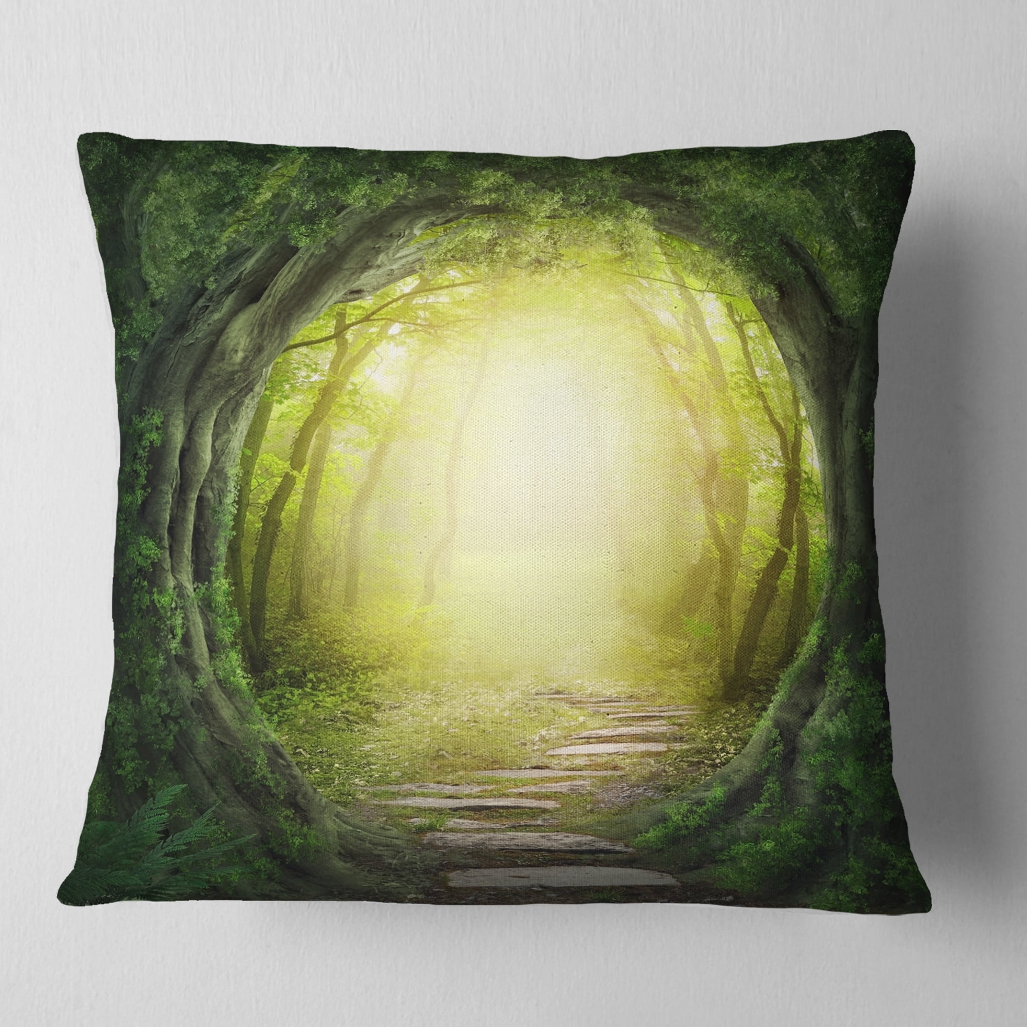 Designart Magic Green Forest - Landscape Photography Throw Pillow - 16x16
