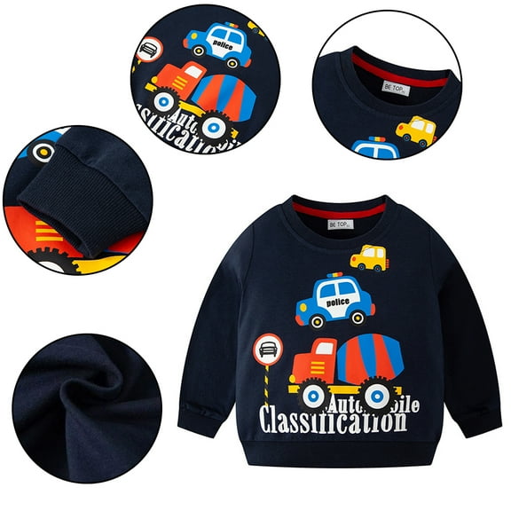 Godderr Toddler Baby Boys Car Sweatshirts for Kids Sweatshirts Winter Long Sleeve Cotton Pullover Cartoon T-Shirts Outerwear for 1-10y