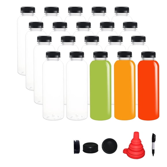 BPFY Lot de 20 Bouteilles à Jus en Plastique Vides de 16 Oz avec Bouchons, Contenants à Boisson Réutilisables avec Couvercles Noirs Anti-Tamper, Entonnoir pour Jus, Lait, Smoothies, Eau, Café