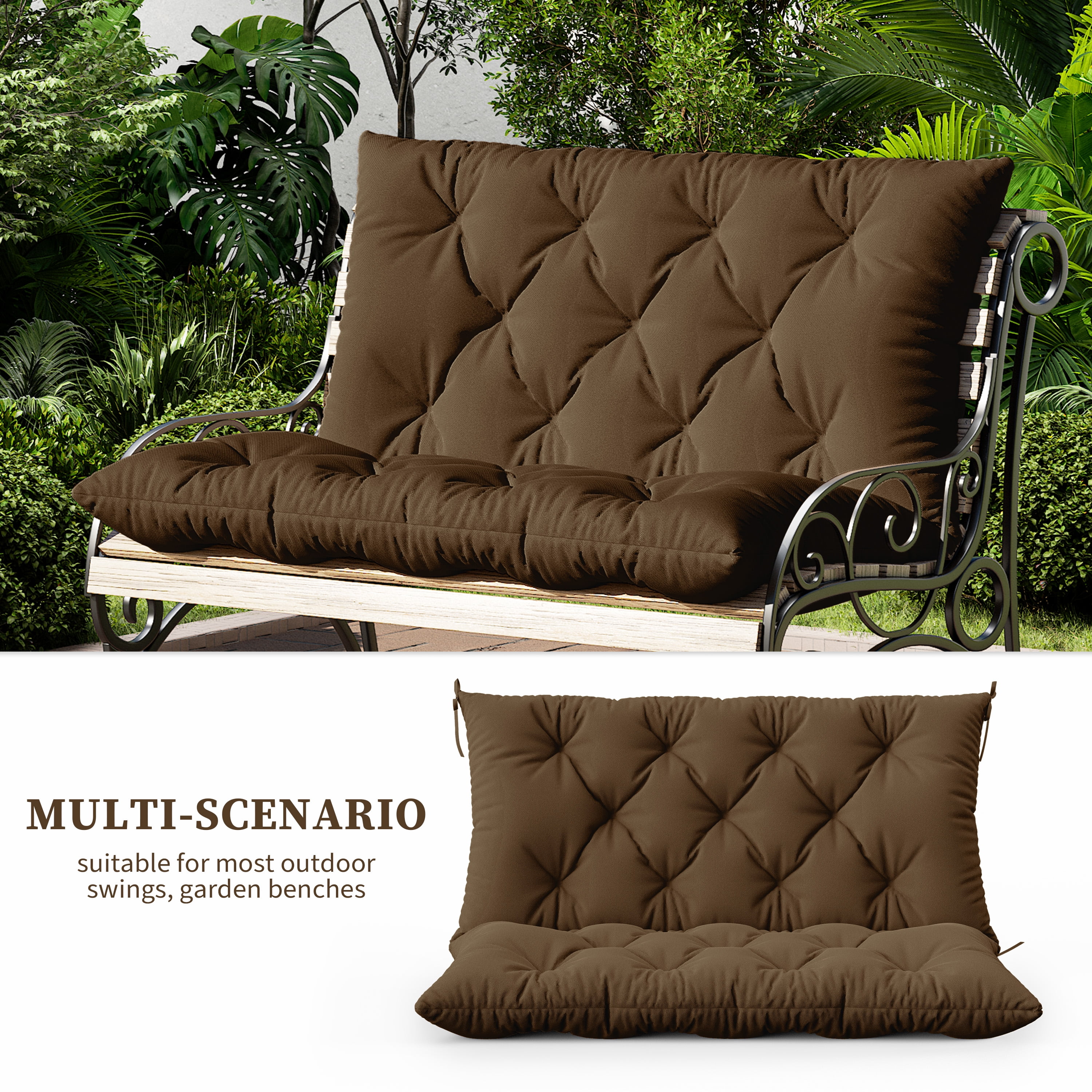 Snubbull Swing Replacement Cushion, Outside Bench Cushion with Backrest, 2 Seater Cushion with 6 Ties for Outdoor Furniture, 40 x 40 x 5 inches Porch SwingCushion Garden Bench, Chocolate