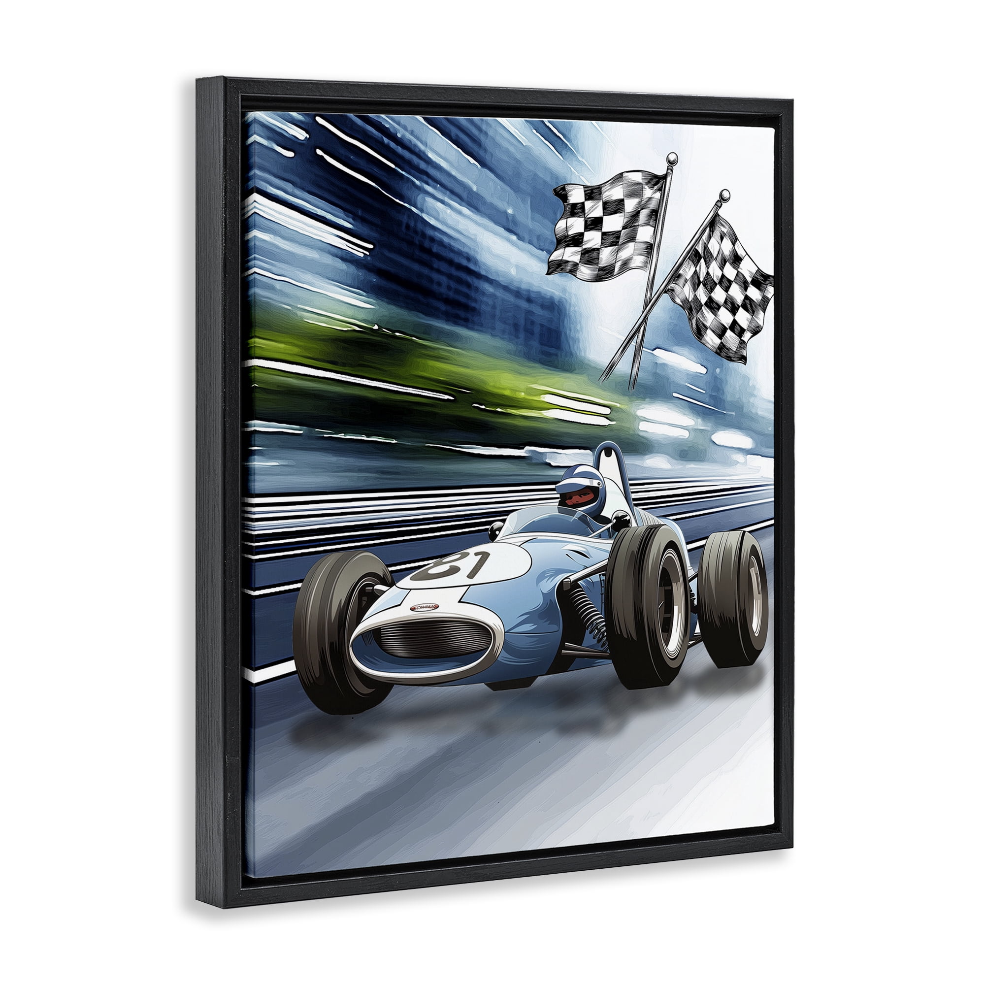 Stupell Industries Speedy Racecar with Flags Black Framed Floater Canvas Wall Art, design by Christine Simpson Art