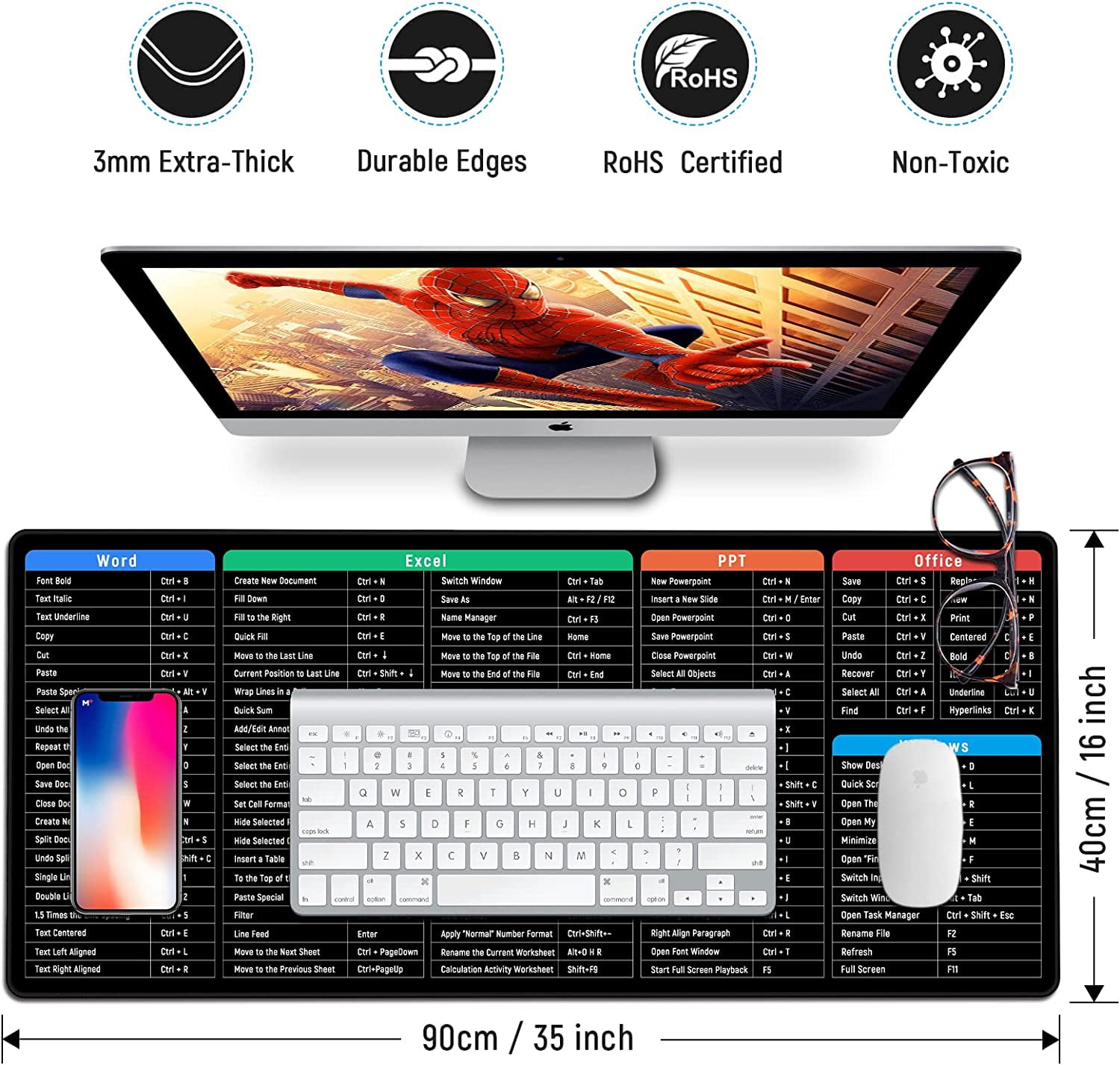 Extended Mouse Pad Desk Mat Office Software Shortcuts Mousepad with Personalized Design Large Size 35.4 X 15.7X 0.12 inches by Office Users