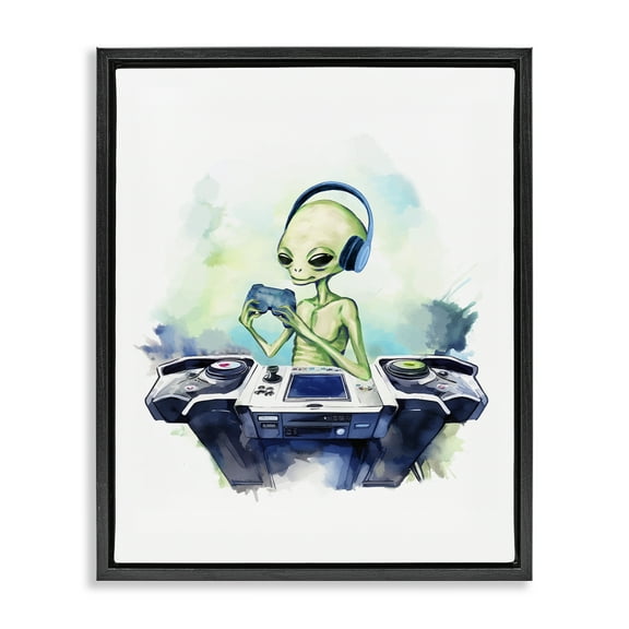 Stupell Industries Tech Alien Playing Video Games Fantasy & Sci-Fi Painting Black Floater Framed Canvas Art Print Wall Art, 17 x 21
