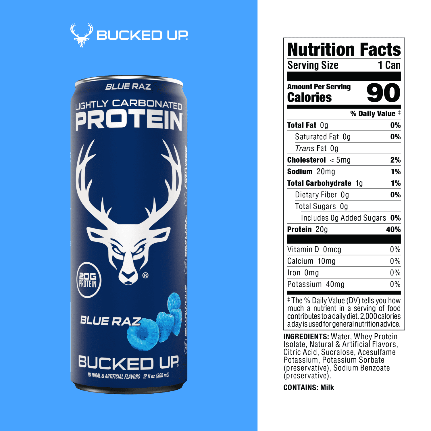 Bucked Up Lightly Carbonated Blue Raz Protein 12 fl oz 4 Pack
