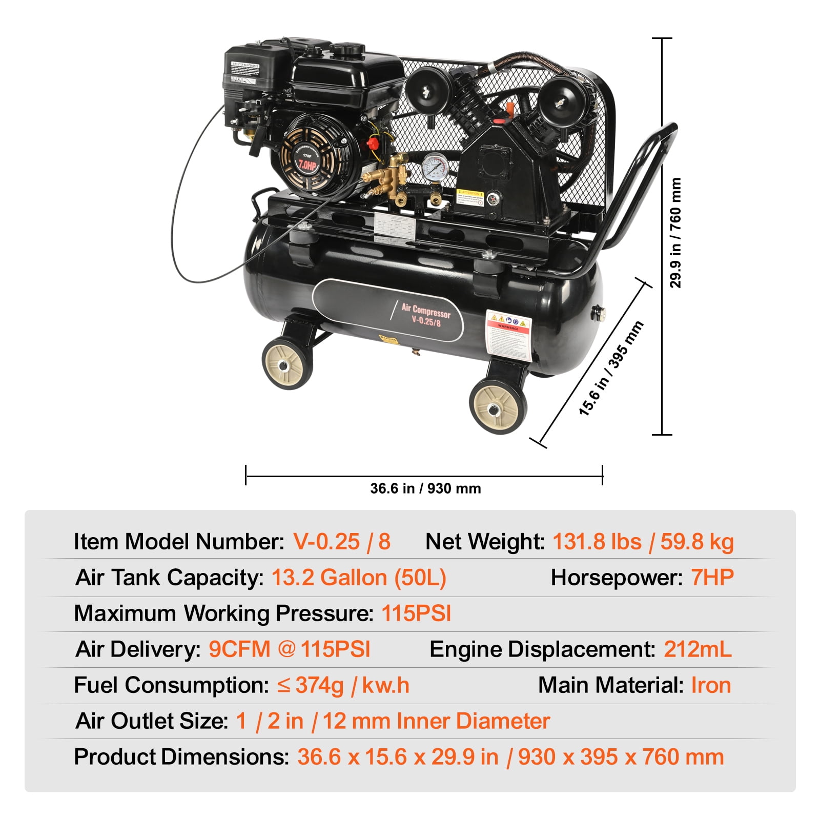 KFFKFF 7HP Gasoline Fueled Air Compressor, Horizontal Tank of 13.2 Gallons, 9CFM@115PSI Gas Propelled Piston Pump Compressed Air System, Maximum Pressure of 115PSI Suitable for Construction Locations