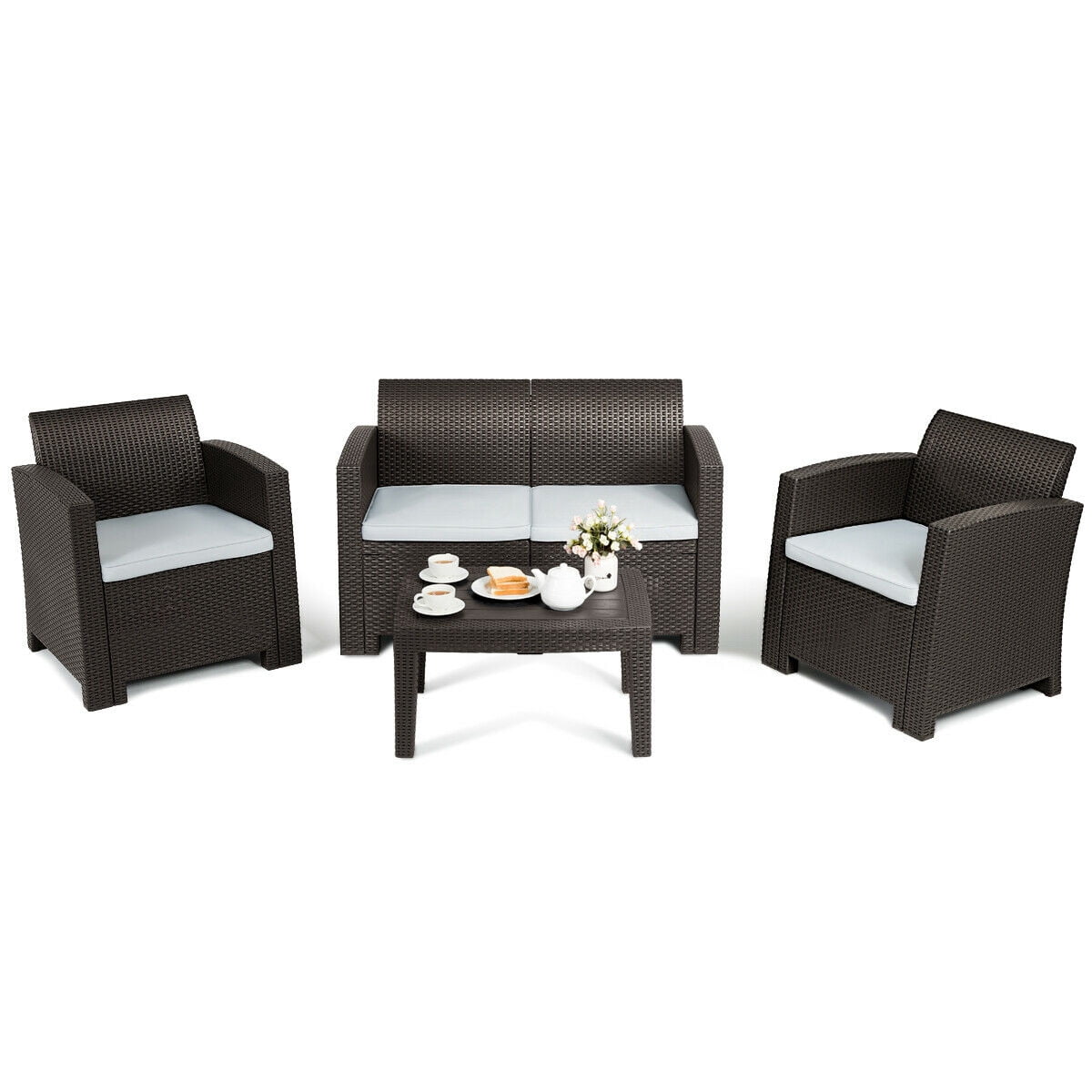 Gymax 4 Piece Patio Furniture Set Molded Rattan Sectional Sofa Set Coffee Table Coffee