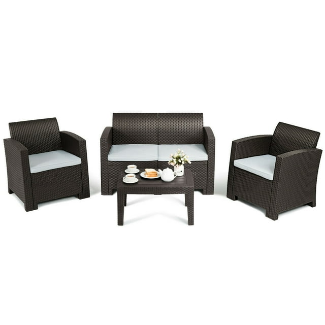 Gymax 4 Piece Patio Furniture Set Molded Rattan Sectional Sofa Set Coffee Table Coffee