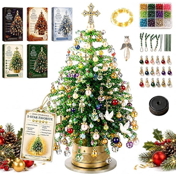 DIY Beaded Christmas Tree Kit, Sparkling Lighted Christmas Tabletop Holiday Ornament Craft Set, Creative Handmade Gift for Beginner