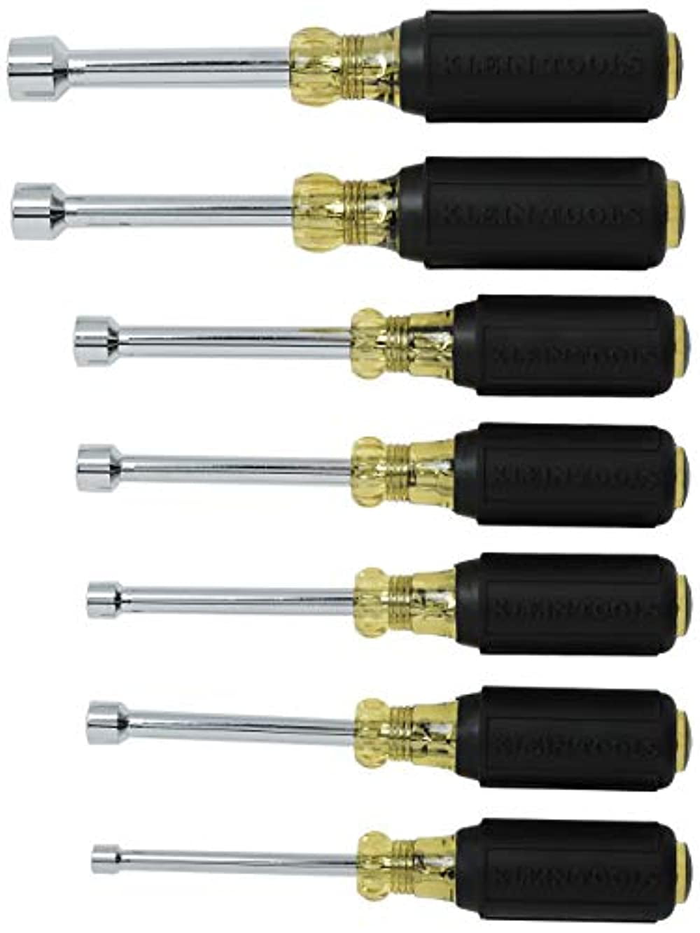 Klein Tools 631 NutDrivers, 7 Piece Nut Driver Set, Hex Nut Sizes 3/16, 1/4, 5/16, 11/32, 3/8, 7/16 and 1/2-Inch on 3-Inch Full Hollow Shaft