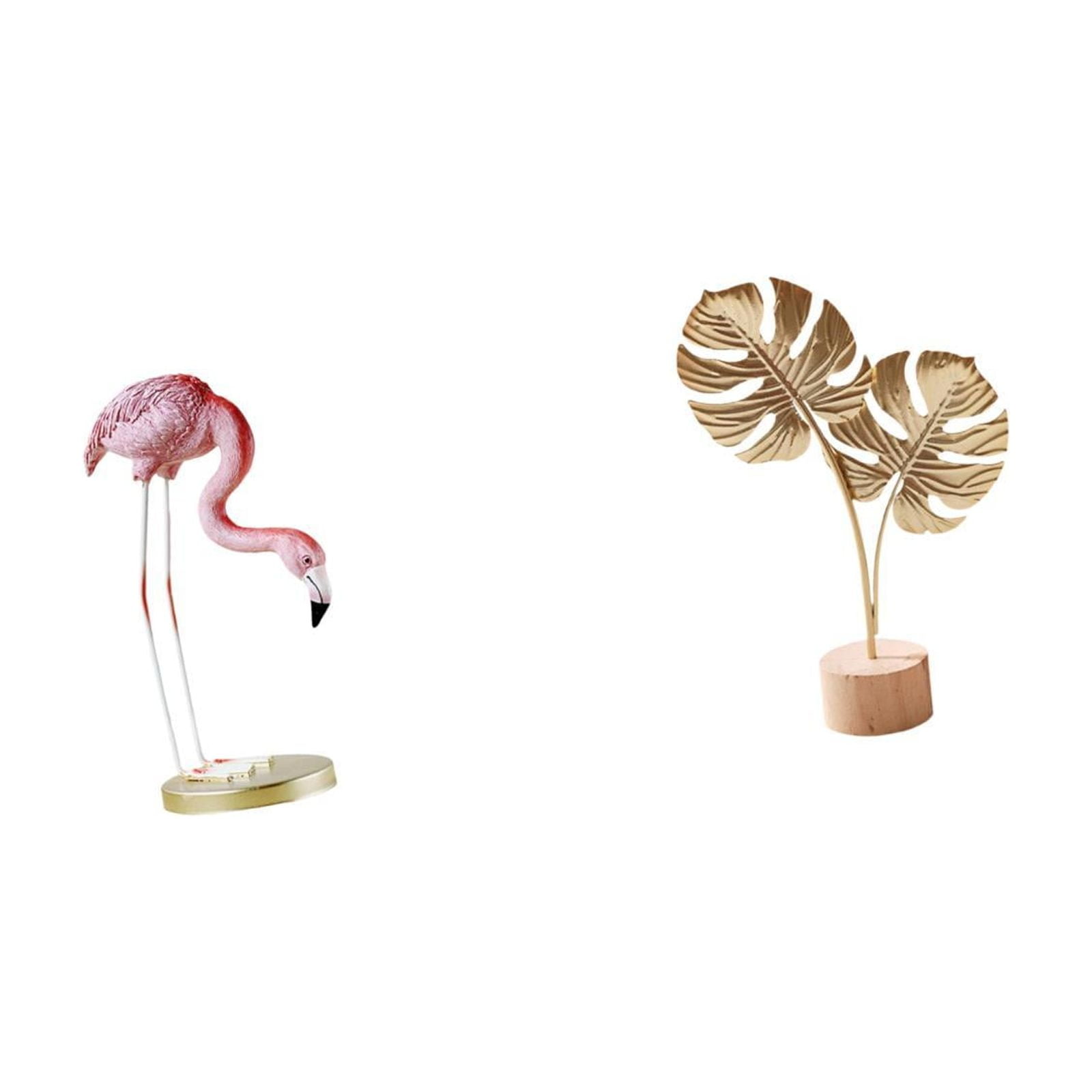 2 Pieces Resin Statue Flamingo Leaf Sculpture Metal Art Unique Modern Home Garden Table Ornament