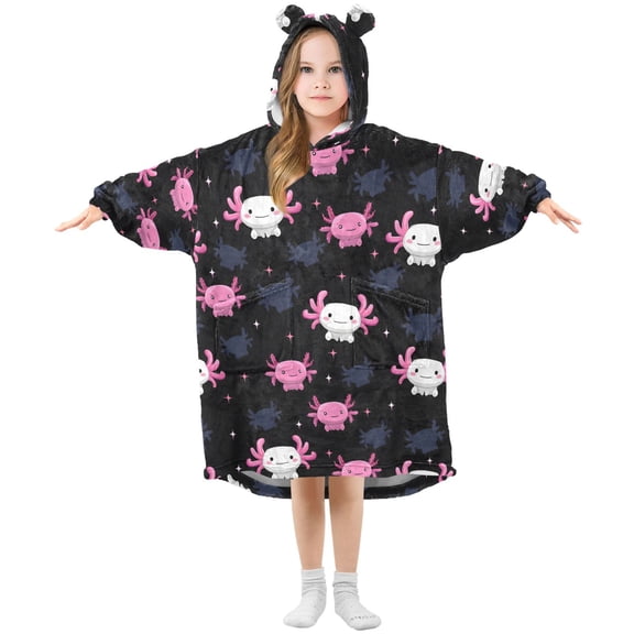 Axolotl Pink Pattern Wearable Blanket Hoodie Oversized Flannel Soft Warm Cozy 3-14 Age Small