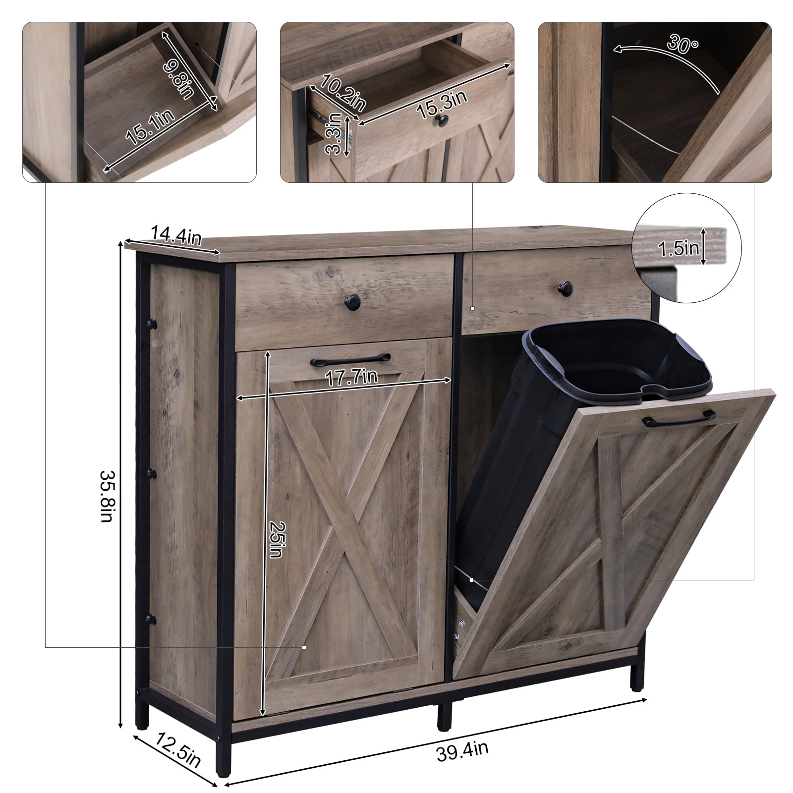LAZY BUDDY Double Tilt Out Trash Cabinet, 20 Gallon Storage Cabinet with Hideaway Drawer, Free Standing Laundry Hamper Kitchen Trash Can Holder, Gray