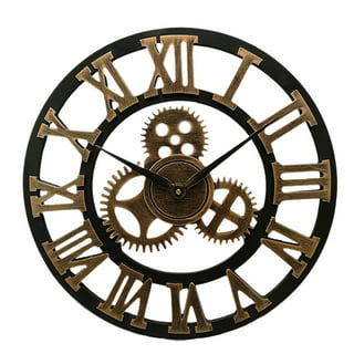 WHW Industrial Modern Wall Analog Clock, Pewter Grey Metal, Antique Gold  Numerals, Quartz Movement, 30 inches Diameter 
