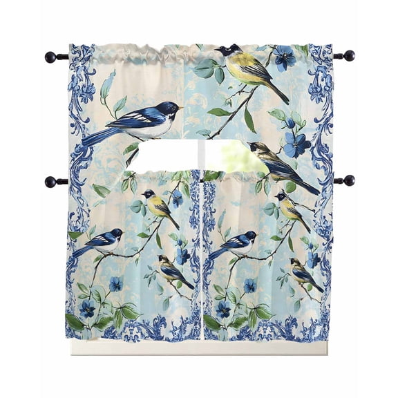 Spring Floral Birds Kitchen Curtains Sets 36 Inch Length with Valance, Blue Flowers Botanical Swag Valances and Tiers Curtain Set Drapes Swag Curtains for Living Room, Bathroom, Bedroom, Cafe