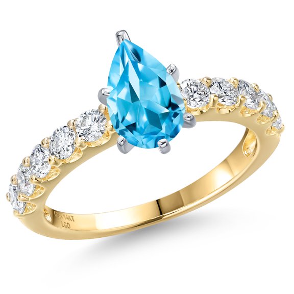 Gem Stone King 14K Two Tone Gold Swiss Blue Topaz and Lab Grown Diamond Engagement Ring for Women | 2.22 Cttw | Pear Shape 9X6MM | Gemstone November Birthstone | Size 5