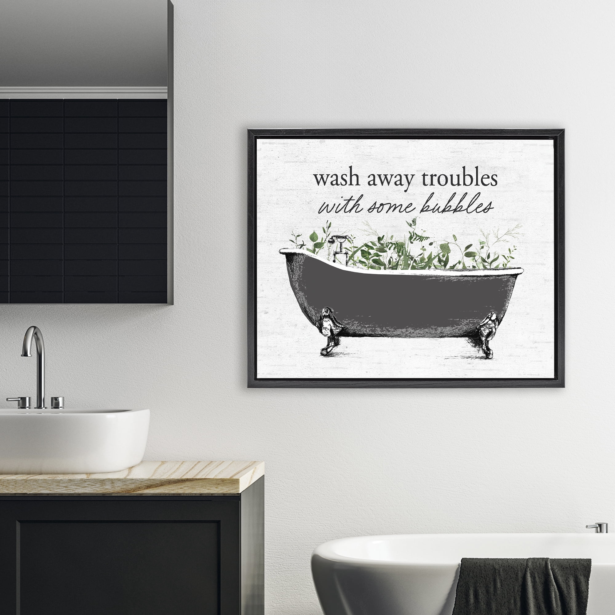 Comforting Bubble Bath Quote Black Framed Floater Canvas Wall Art, design by Lettered and Lined