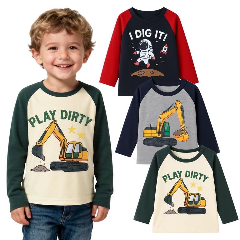 Hileelang Toddler Boys' 3-Pack Cotton Long Sleeve Graphic Tees photo 3