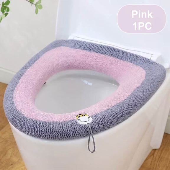 SHENGXINY Toilet Seat Cover Pads Stretchable Washable, Premium Thick Knitted Warm Washable Toilet Seat Mat Pink 17.3x14.2in
