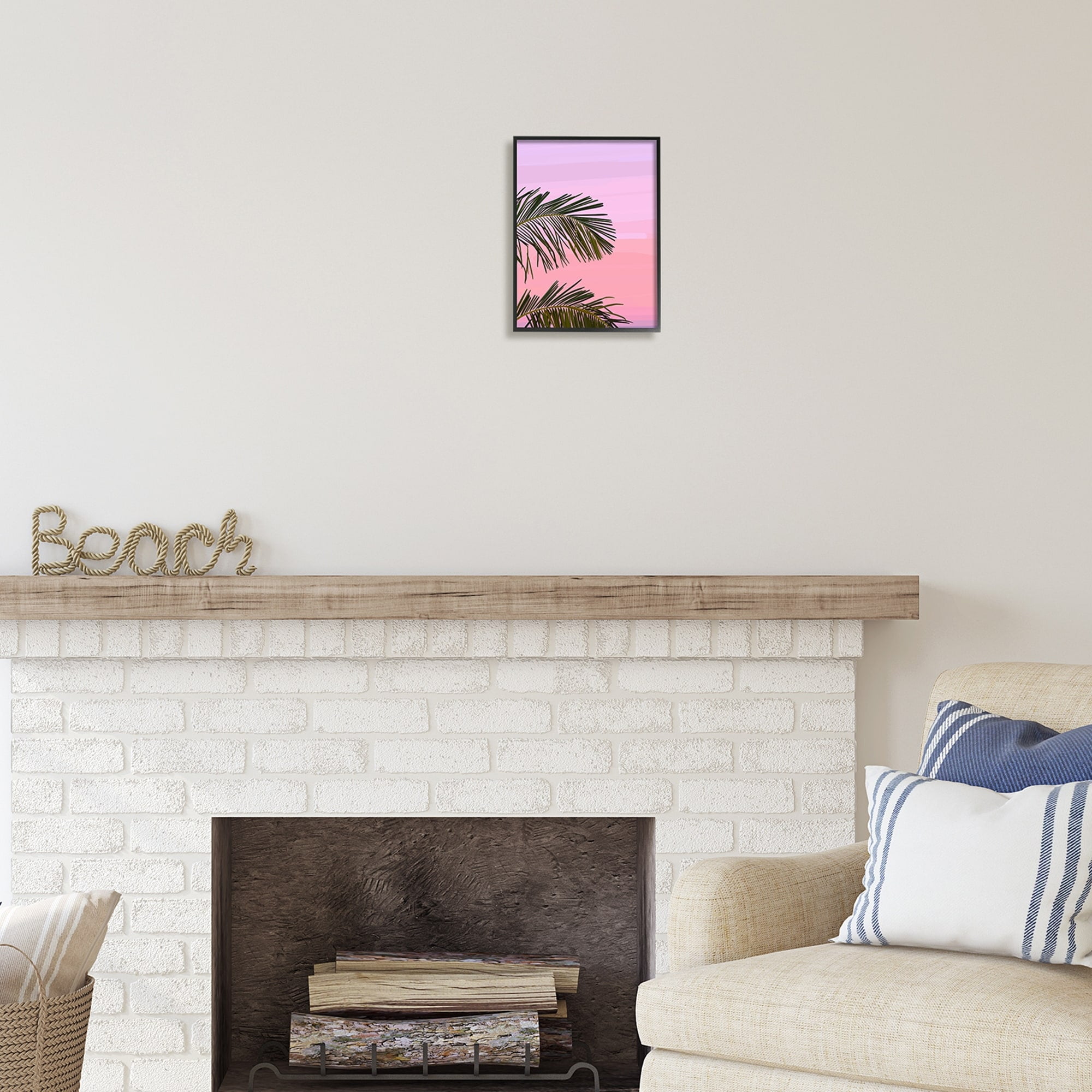 Stupell Industries Pink & Purple Sunset Palm Leaves Coastal Painting Black Framed Art Print Wall Art