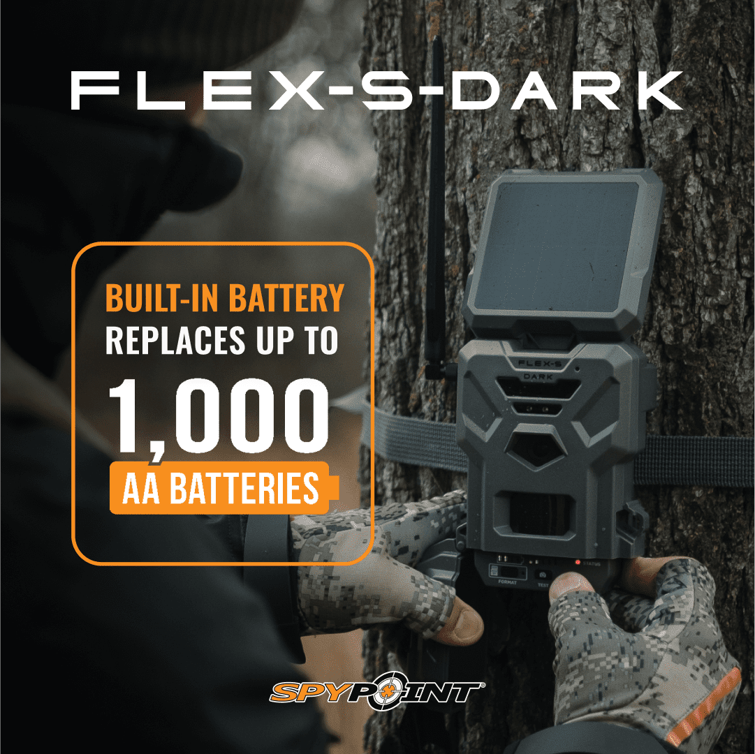 SPYPOINT Flex-S Dark Solar Outdoor Cellular Trail Camera - Integrated Solar Panel, No WiFi Needed, Night Vision Motion Activated, Dual-Sim LTE, 40MP Photos and 1080p w/Sound