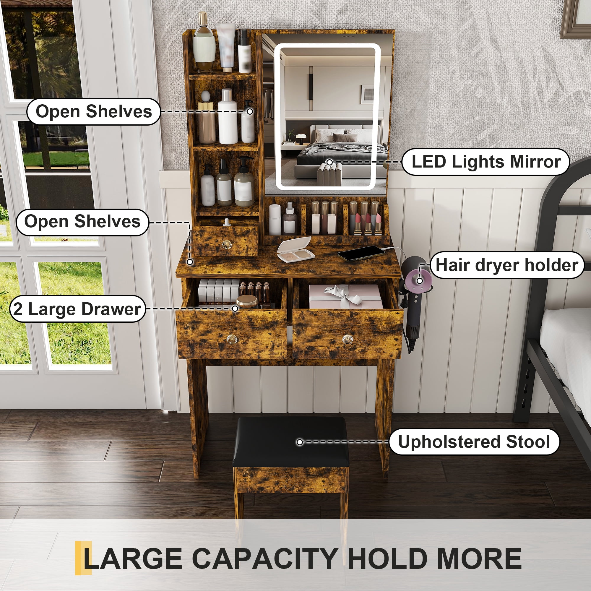 Mintazer Modern Vanity Desk Set with LED Mirror & Stool, Makeup Vanity with Power Outlet, Hair Dryer Holder, 3 Drawers & Open Shelves, Brown