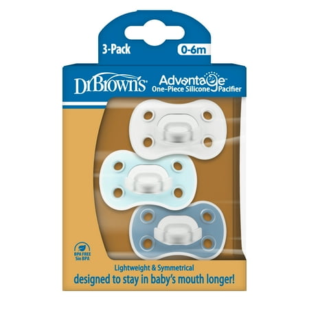 Dr. Brown's Advantage One-Piece Silicone Baby Pacifier, Fully Symmetrical Soother, Blue, 0-6m, BPA Free, 3 Pack