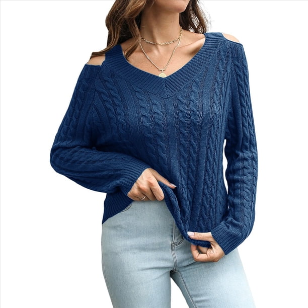 Suéter Informal de Punto Grueso con Cuello en V y Larga para Mujer con Hombros Descubiertos Azul Oscuro L