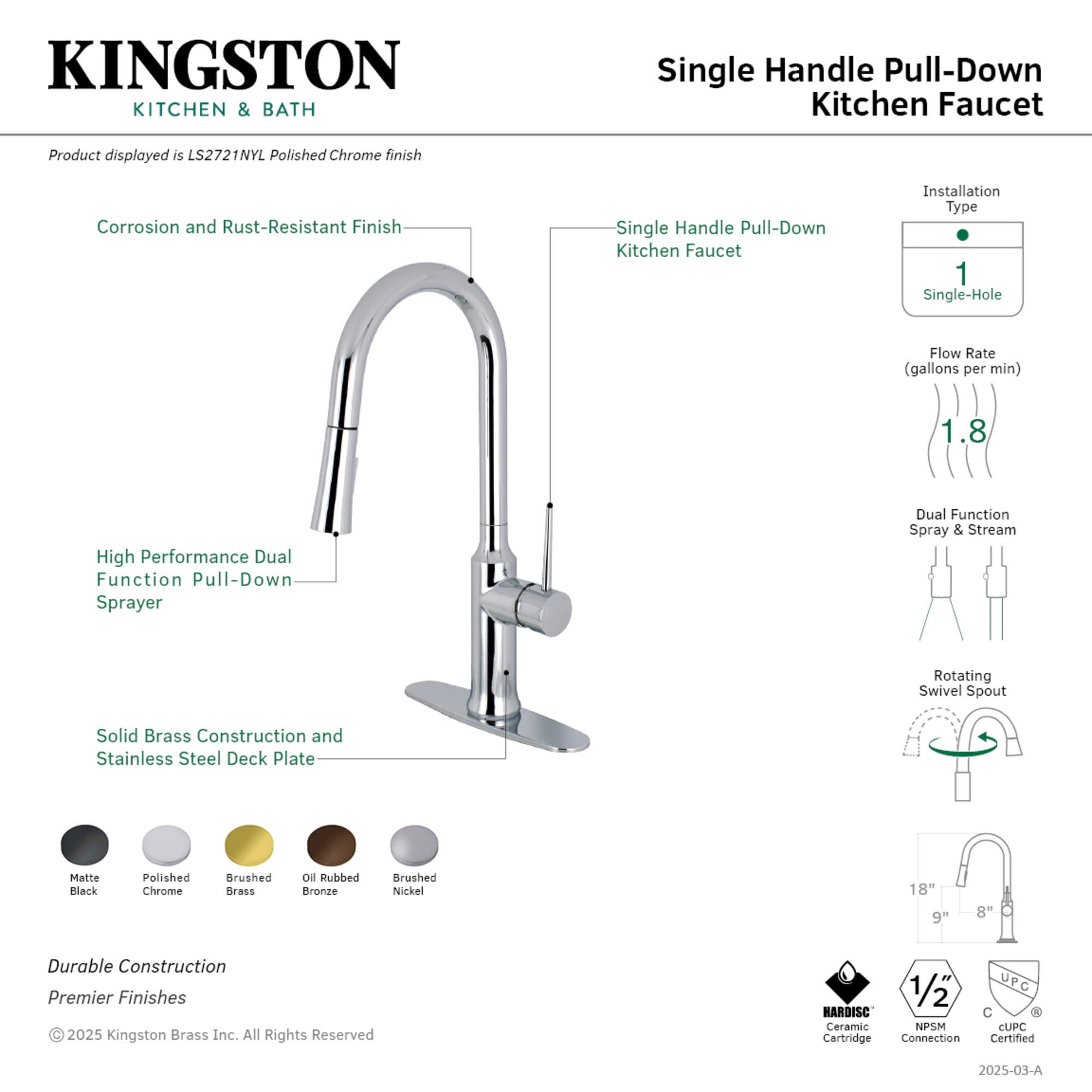 Gourmetier LS2723NYL New York Single-Handle Pull-Down Kitchen Faucet, Brushed Brass