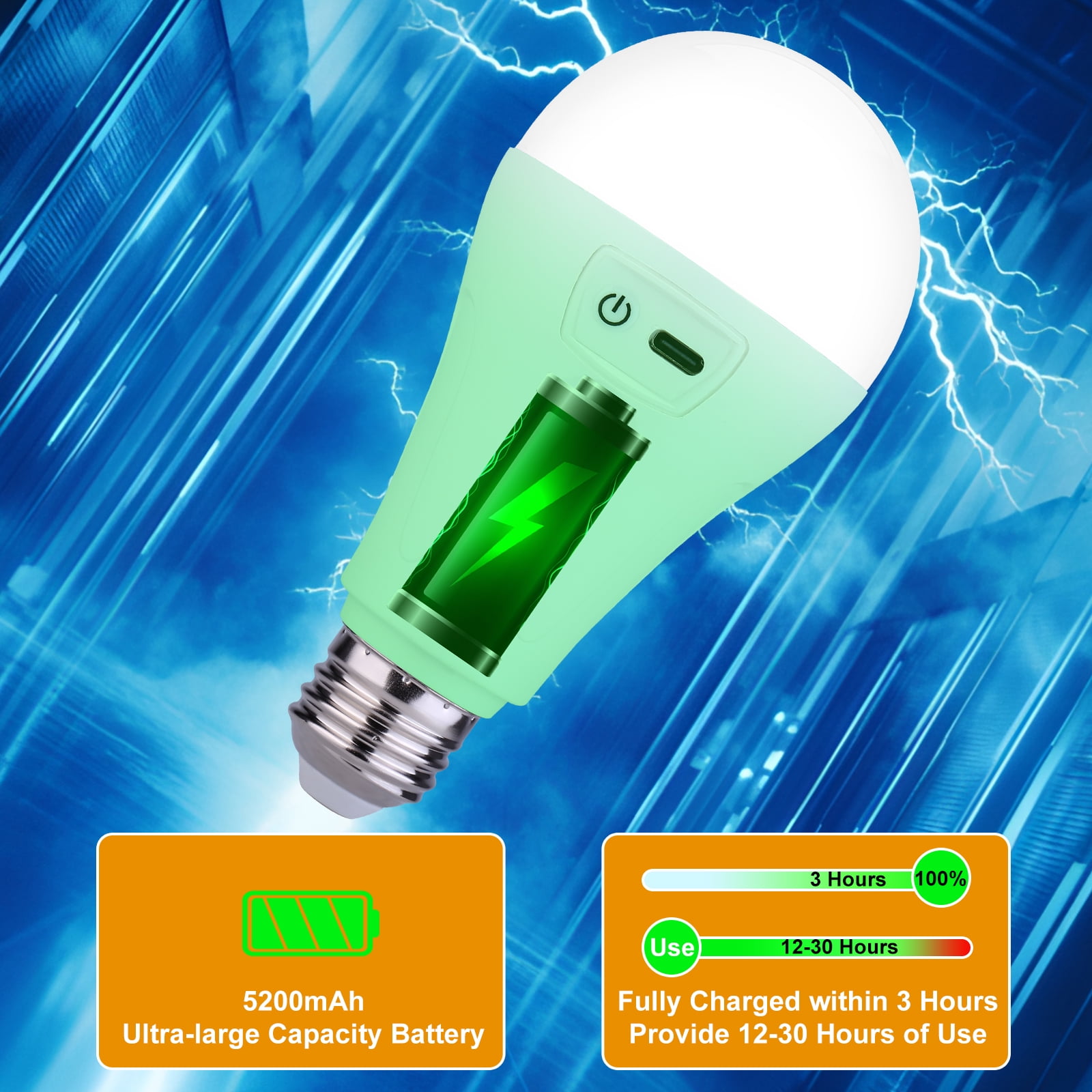 2PK 5200mAh Rechargeable Light Bulbs with Remote E26 Battery Operated Light Bulb for Lamps and Sconces,Dimmable Wireless Emergency Light Bulbs with Hook,3 Color Temperatures & 12 RGB Color Changing